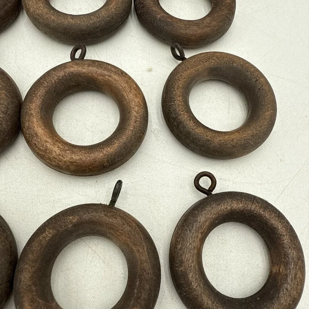 Solid Wood Curtain Rings Lot 10 Brown Drapery Rod Hooks 1